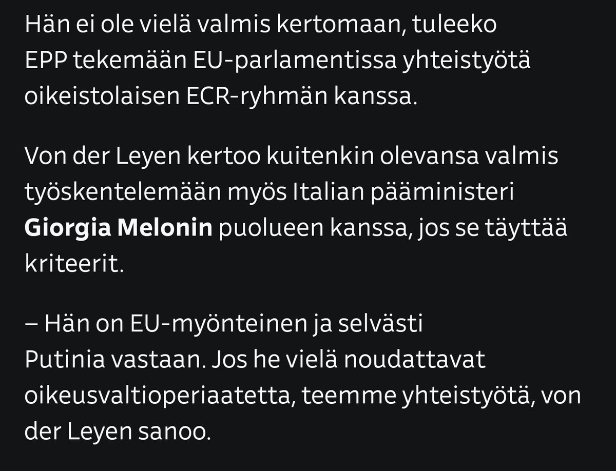 Mietin vähän, mistä tämä Orpon ‘mutta Meloni’ -argumentti tuli, jota Orpo hoki vaalitentissä. Nyt selvisi, että se on yleinen EPP-argumentti, jonka Orpo toistaa kuin papukaija.