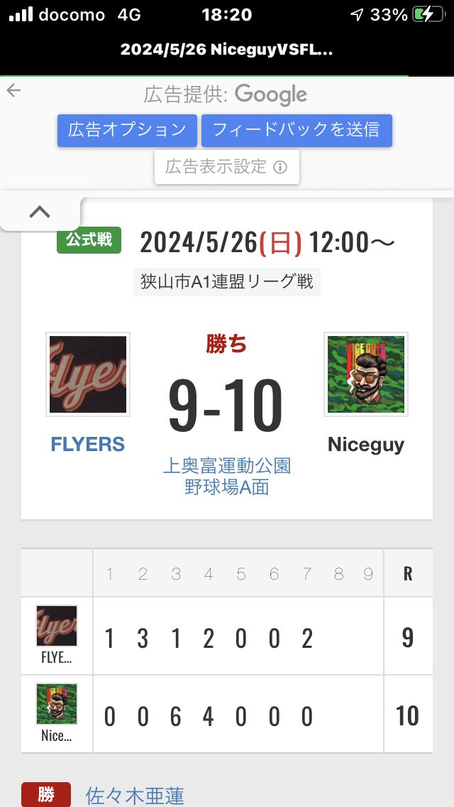 niceguy47511621's tweet photo. 試合報告

狭山市A1リーグ戦

9ー10勝利🏅

苦しい試合でしたが、逆転出来ました。A1昇格初勝利🏅

flyers様対戦ありがとうございました😊 https://t.co/22QU7B8Qls
