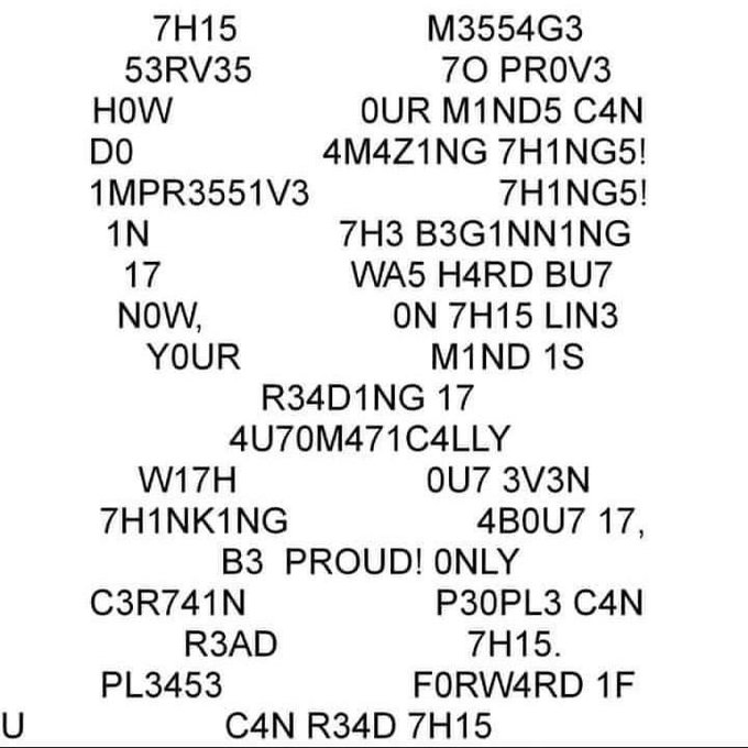 Interestingly, our brains construct an incredibly complex jigsaw puzzles using any pieces it can get access to. These are provided by the context in which we see them and by our memories

Reading this may result hard at first, but then...

[read more: sciencealert.com/word-jumble-me…]