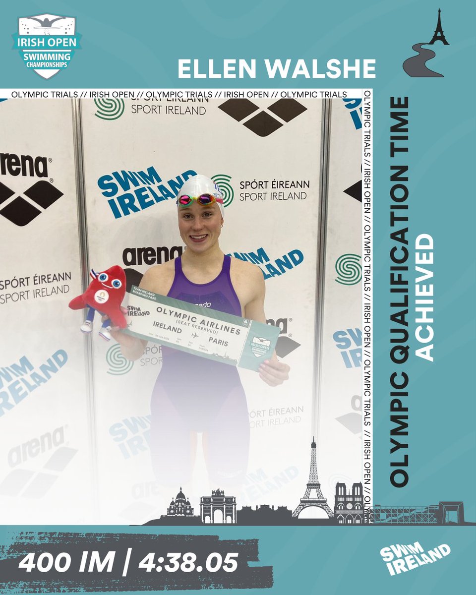 𝗢𝗹𝘆𝗺𝗽𝗶𝗰 𝗤𝘂𝗮𝗹𝗶𝗳𝗶𝗰𝗮𝘁𝗶𝗼𝗻 𝗧𝗶𝗺𝗲 𝗔𝗰𝗵𝗶𝗲𝘃𝗲𝗱 Ellen Walshe secures another OQT! Adding to the 200m IM, 4:38.05 in the 400m IM is under the OQT of 4:38.53 and just outside her Irish Record of 4:37.94. #IrishOpen2024 | #RoadtoParis