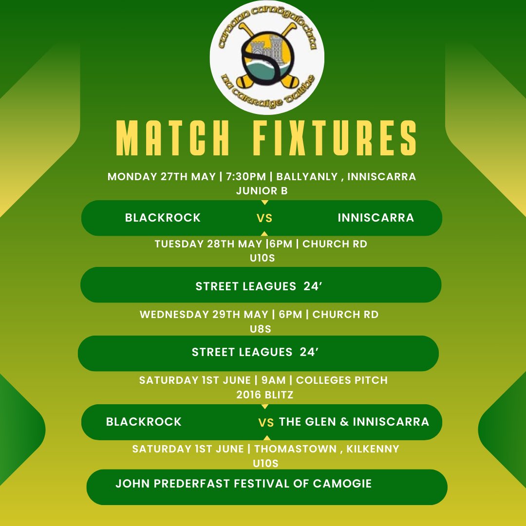 Fixtures for the week starting Monday 27th May-Sunday 2nd June.
Best of luck to all our teams.💚💛