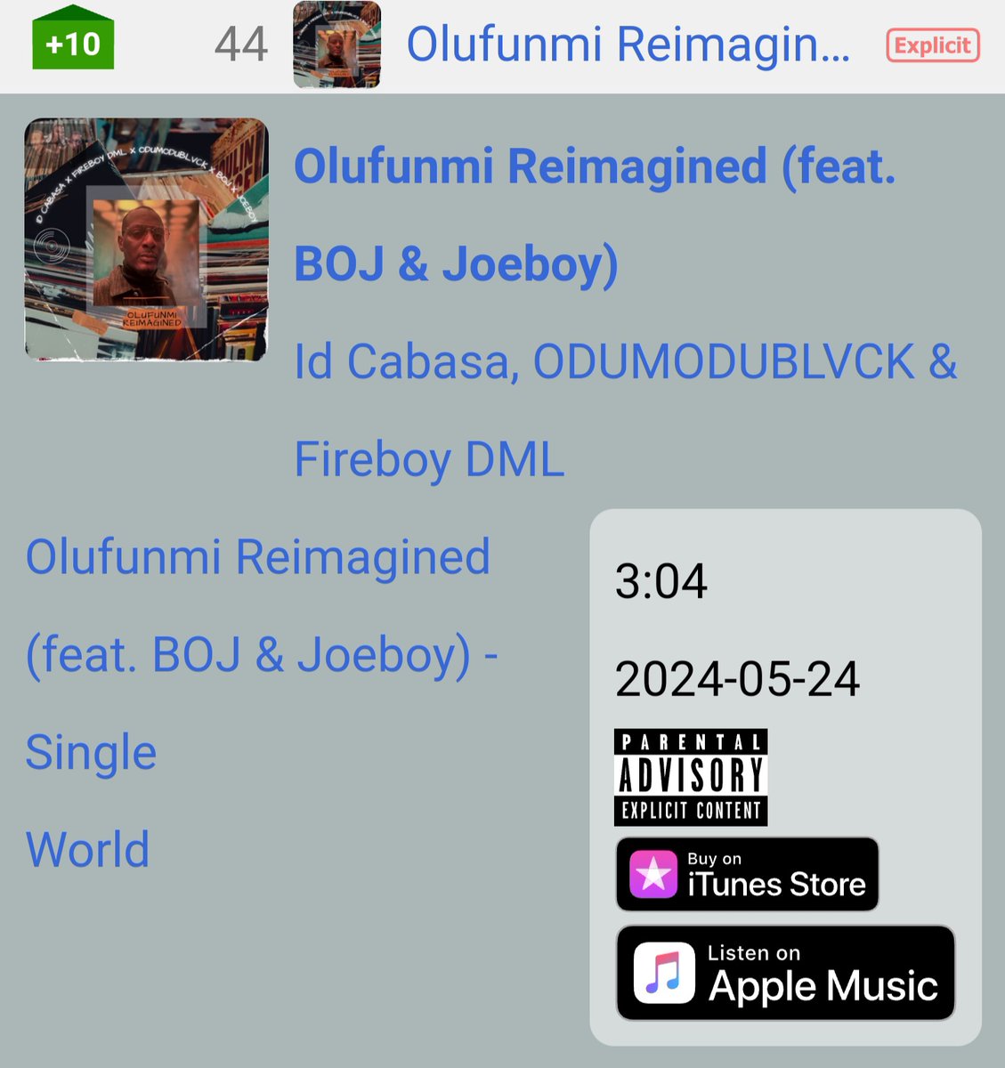 @Real_Idcabasa's Olufunmi Reimagined reaches a New peak #44 (+10) on NG Apple Music Top Songs Chart