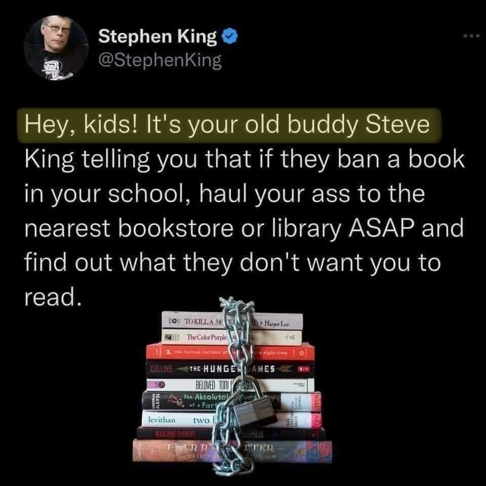 Ummm. Not all books belong in schools, @StephenKing. It’s called child safeguarding. Tweeting to children and telling them to read inappropriate books is *not* child safeguarding, just to be clear.