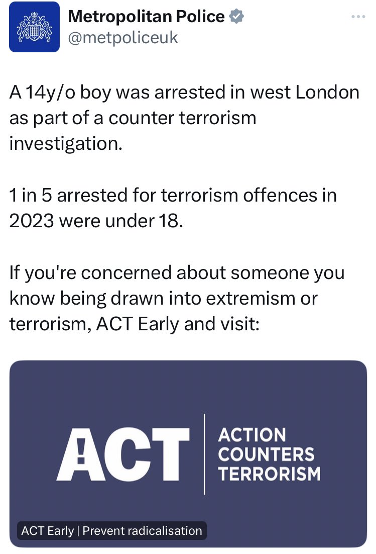 This post from the institutionally racist Metropolitan Police omits the fact that the boy was arrested for the specific offence of right-wing terrorism. This very intentional omission has led to droves of Islamophobic comments. Let’s remember the Met are in special measures.