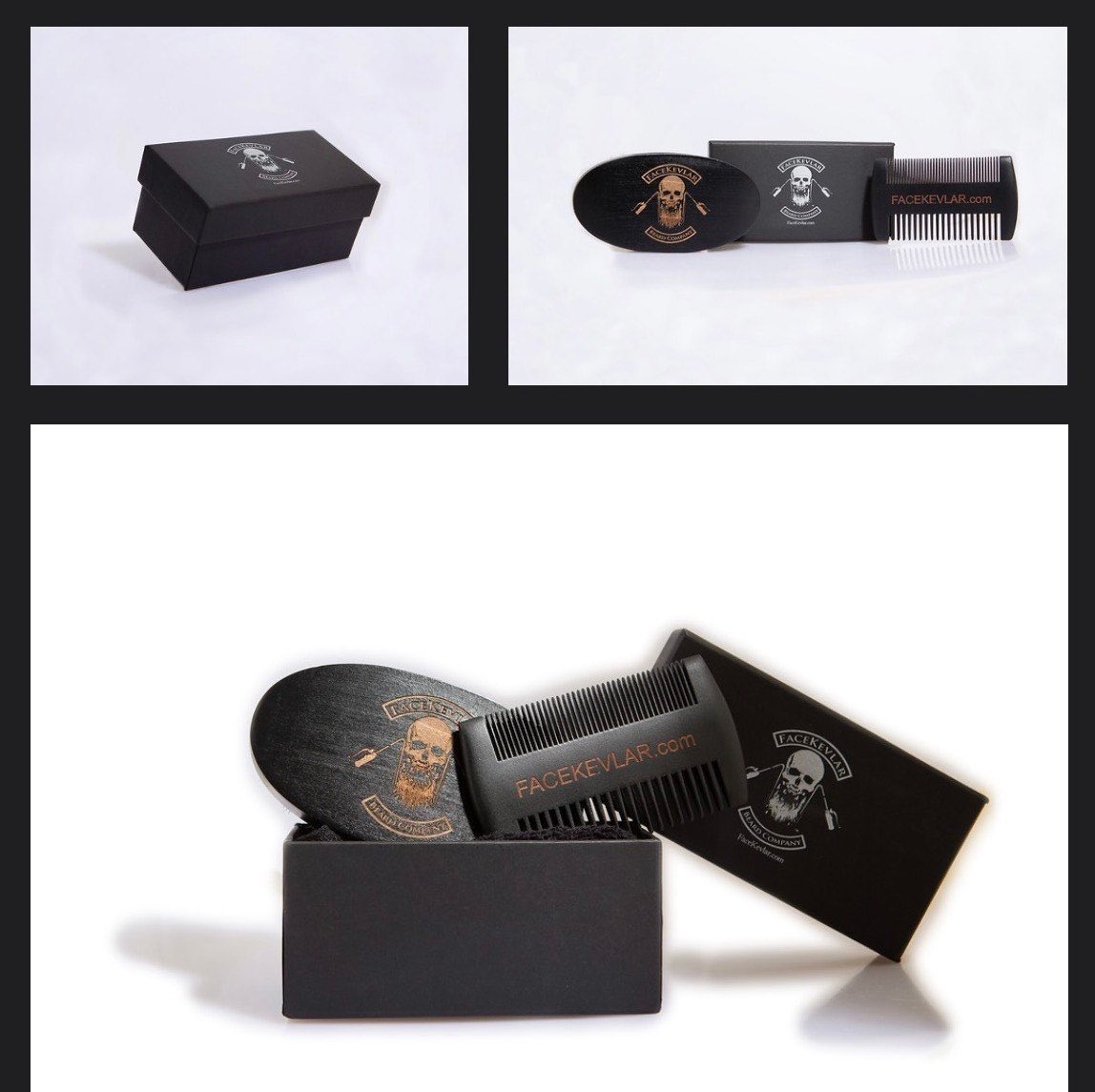 FaceKevlar fancy “Black Beard Box.” Genuine bore hair, custom silver engraved brush. Plus, 1 Black Sandalwood Ruler Comb. Additional beard Shears added optionally.