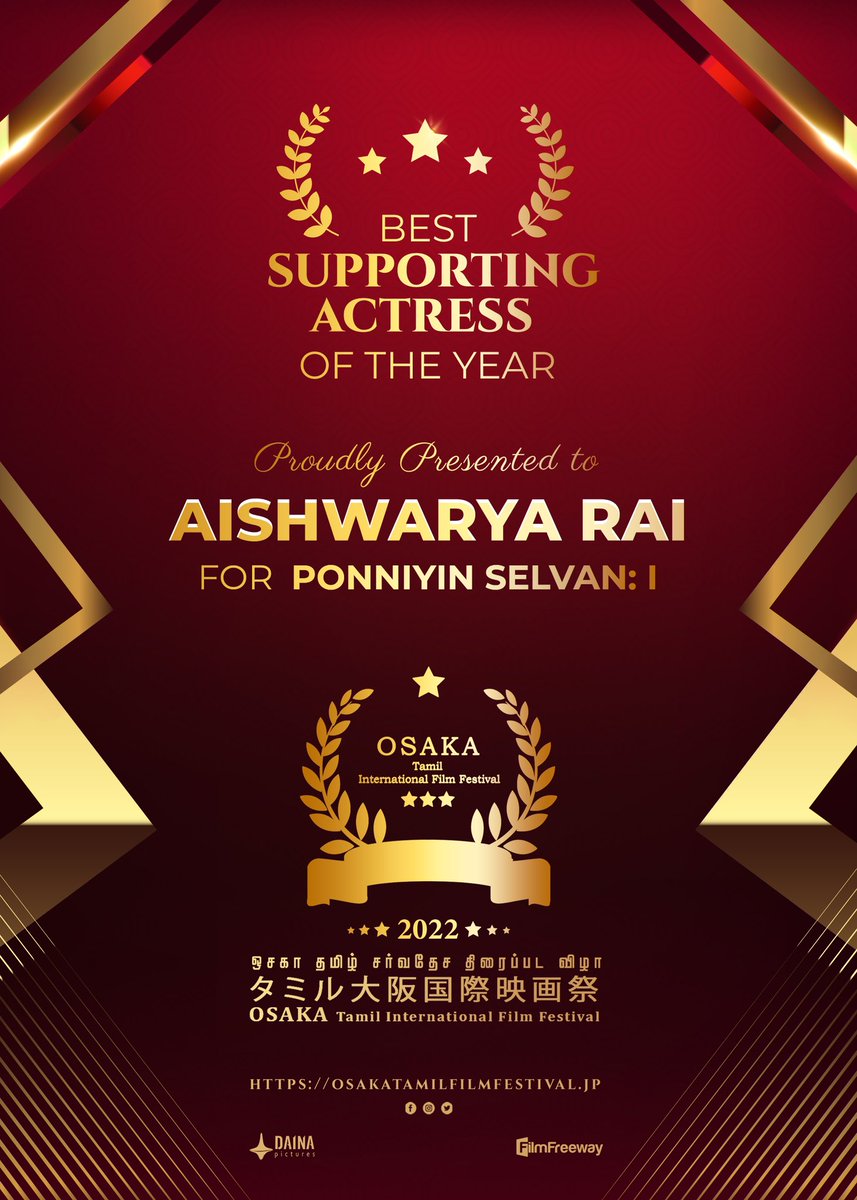 #OTIFF2022 Best Supporting Actress Proudly presented to Aishwarya Rai Bachchan for Ponniyin Selvan: I @actor_jayamravi @chiyaan @Karthi_Offl @osaka_tamil @Rajini_Japan @KskSelvaPRO @SureshDaina