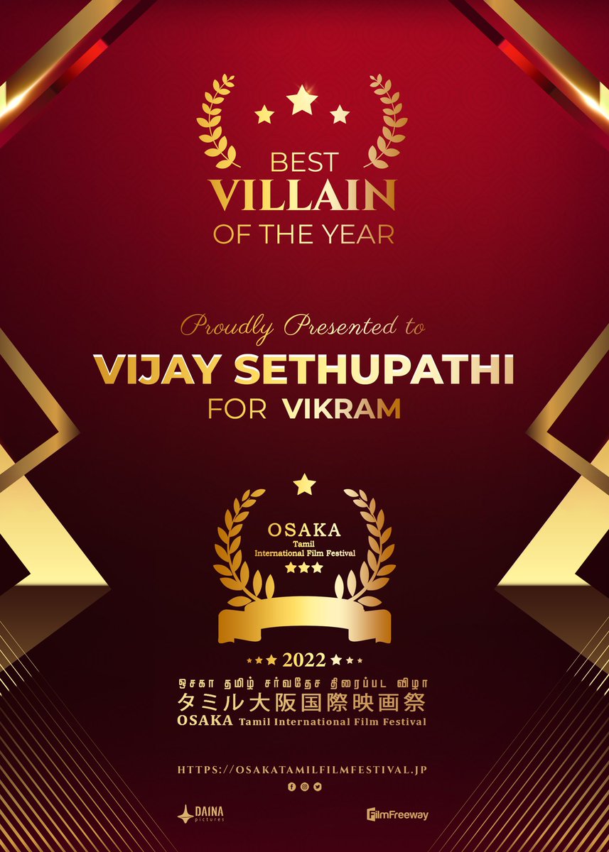 #OTIFF2022 Best Villan of the year Award Proudly presented to #MakkalSelvan @VijaySethuOffl for #Vikram @Dir_Lokesh @ikamalhaasan @osaka_tamil @Rajini_Japan @KskSelvaKumaar @SureshDaina