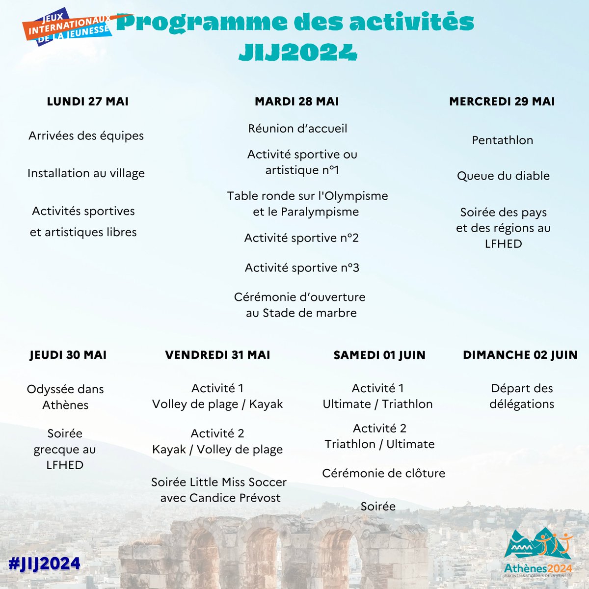 #JIJ2024 Programme des activités des JIJ à Athènes✨🏛️🏆 Nous vous réservons des activités sportives et culturelles variées, pour faire de ces jeux un moment sportif et culturel fort, de rencontre de la jeunesse du monde, de partage et de francophonie comme dénominateur commun🤝