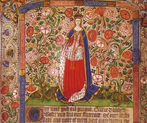#onthisday 26th May 1465 was crowned Elizabeth Woodville after her clandestine marriage to King Edward IV the previous year. A sumptuous occasion. Here in her coronation robes as a member of the London Skinners' Company's Fraternity of Our Lady's Assumption c. 1472.