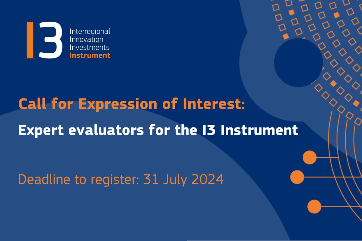 👨‍💼 Are you an expert in regional & #CohesionPolicy? If you have expertise in contributing #Innovations in the fields of #GreenTransition, digital economy & smart manufacturing, don't miss this #I3Instrument Call for Expression of Interest! Register here👉europa.eu/!Ptq9jM