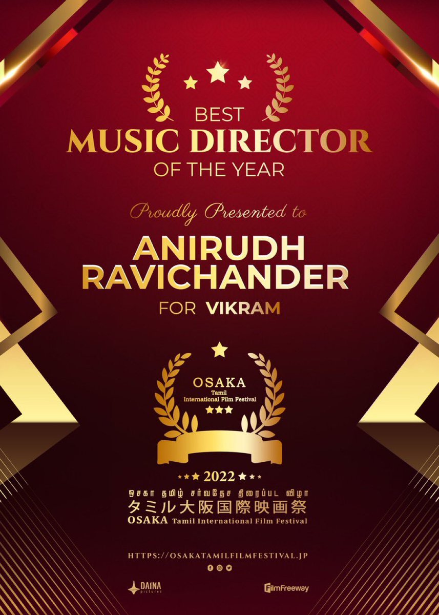 #OTIFF2022 Award Best Music Director - @anirudhofficial for #Vikram @osaka_tamil @SonyMusicSouth