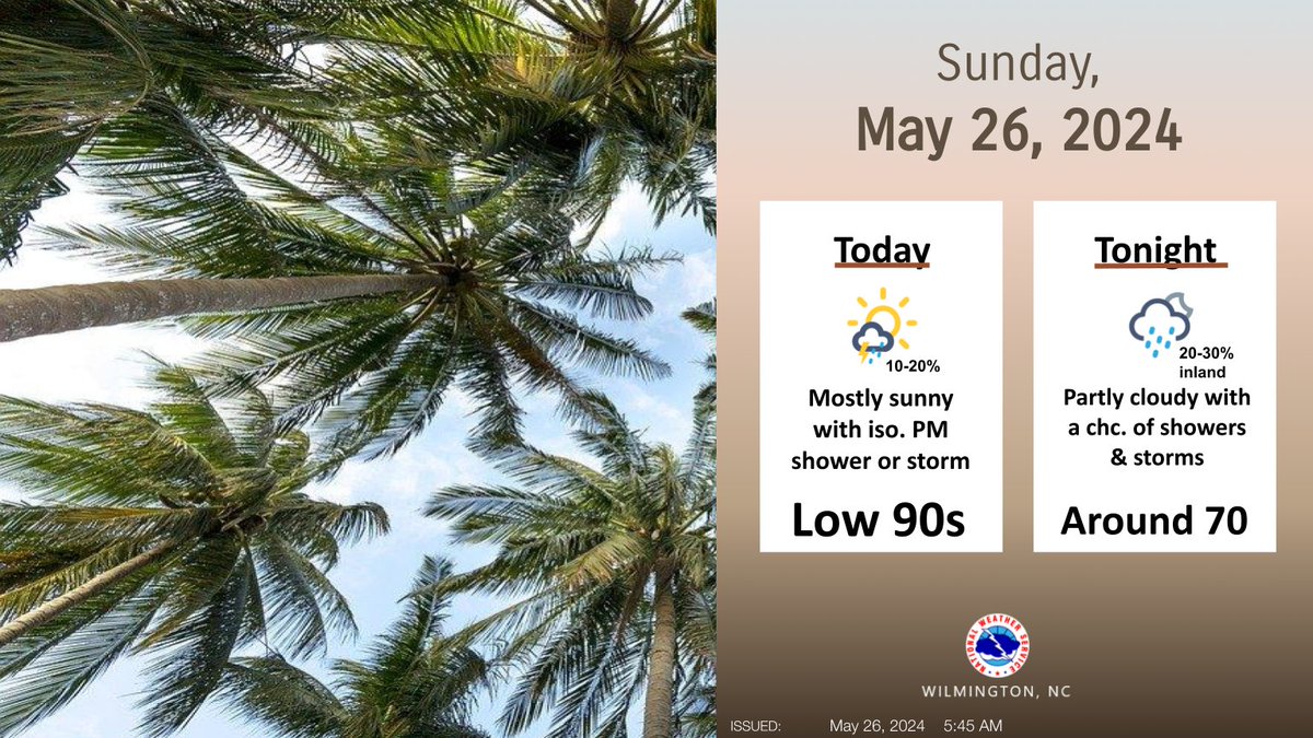 Another unseasonably warm and humid day is forecast with mostly sunny skies and only a slight chance of a pop-up shower or storm this afternoon, with slightly better chances inland this evening. Enjoy your day! #NCwx #SCwx #ILMwx