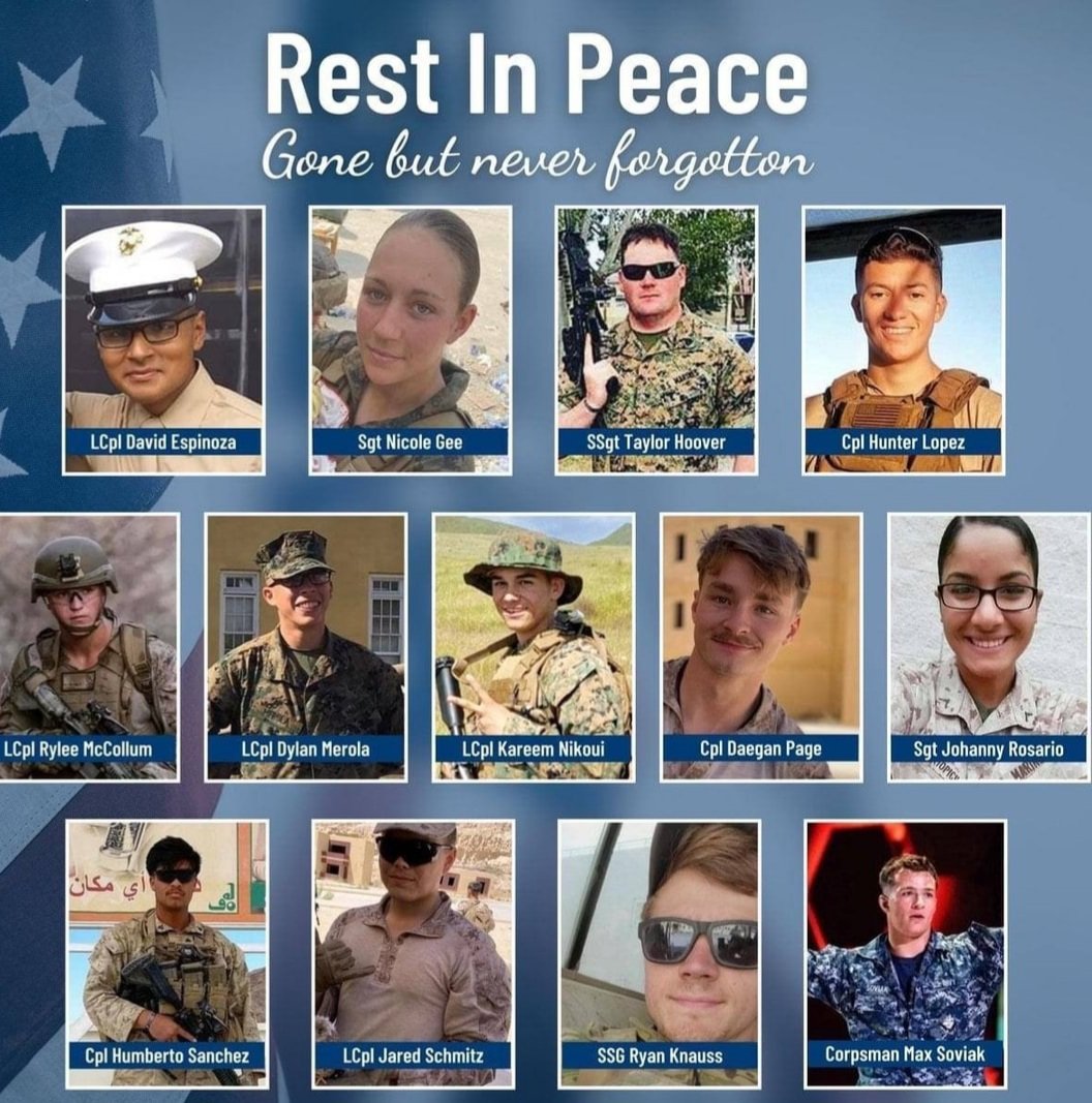 On this Memorial Day weekend, let's NEVER FORGET these 13 heroes who were murdered at the Abbey Gate in Kabul, Afghanistan, on August 26, 2021. SAY THEIR NAMES! 🇺🇸🙏🇺🇸 Staff Sgt. Darin T. Hoover, 31 Sgt. Johanny Rosario Pichardo, 25 Sgt. Nicole L. Gee, 23 Cpl. Hunter Lopez, 22