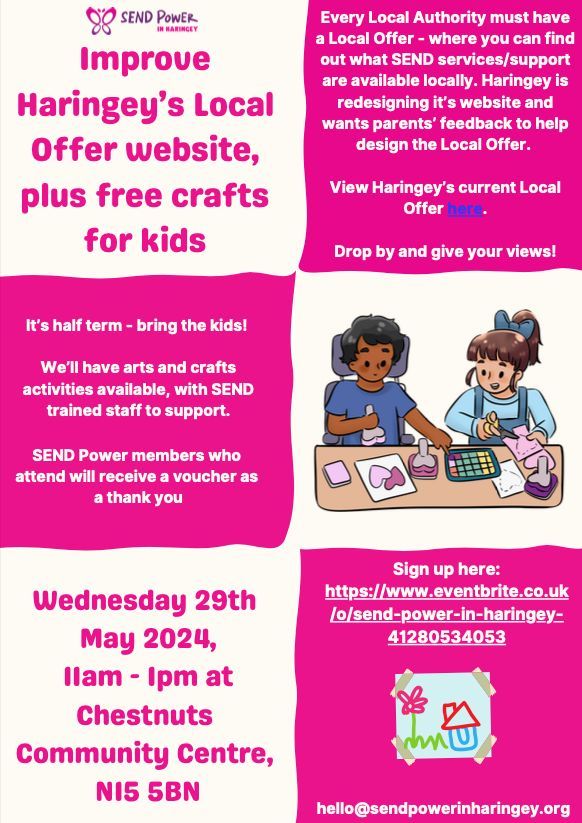 MarkfieldProject (@markfieldproj) on Twitter photo SEND Power in Haringey - Improve Haringey’s Local Offer website + free crafts for kids
Wednesday 29 May, 11am-1pm @ Chestnuts Community Centre, N15 5BN
Haringey’s current Local Offer: haringey.gov.uk/children-and-f…
Sign up here: eventbrite.co.uk/o/send-power-i…
hello@sendpowerinharingey.org SEND Power in Haringey - Improve Haringey’s Local Offer website + free crafts for kids
Wednesday 29 May, 11am-1pm @ Chestnuts Community Centre, N15 5BN
Haringey’s current Local Offer: haringey.gov.uk/children-and-f…
Sign up here: eventbrite.co.uk/o/send-power-i…
hello@sendpowerinharingey.org