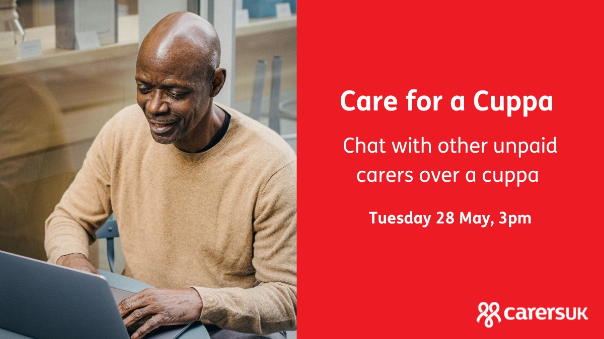 Join our Care for a Cuppa session on 28 May at 3pm to meet other carers, share experiences, and find mutual support. 🫖 Book here: go.carersuk.org/3yalcgB?utm_so…