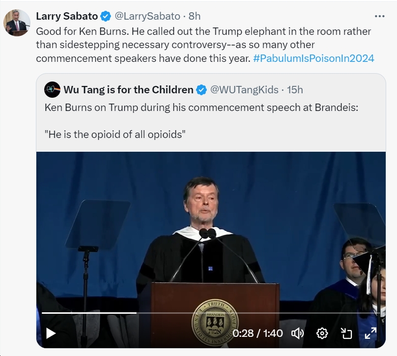 Good for Ken Burns. Bottom line: at this point, if you have any platform at all - large or small - you need to be speaking up for democracy and against authoritarianism. NOW. bluevirginia.us/2024/05/saturd… h/t @LarrySabato