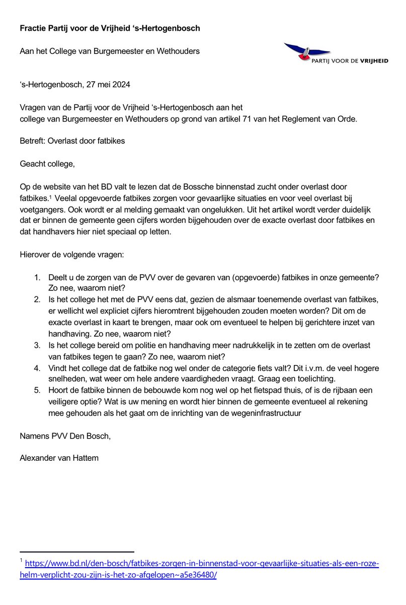 Raadsvragen #PVV #DenBosch: overlast door #fatbikes