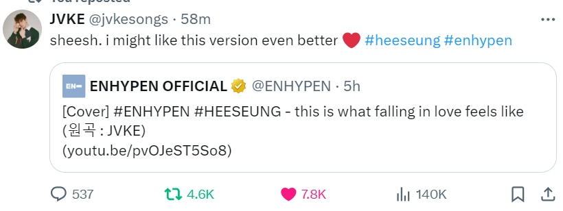 [ INFO ] 05.27.24 Heeseung's cover of 'this is what falling in love feels like' has been noticed by the artist/singer! @jvkesongs both in YouTube and X app. Thank you so much for the amazing song! 🙇‍♀️❤️ FALLING IN LOVE WITH HEESEUNG #HEESEUNG_WhatFallingInLoveFeelsLike