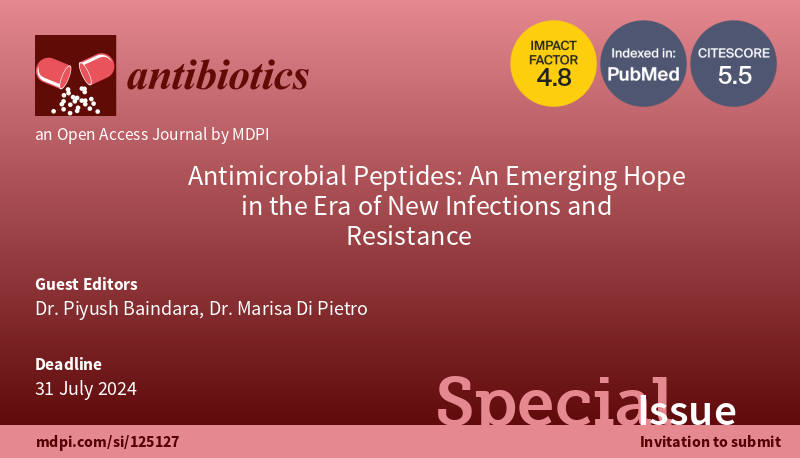 SabatierJeanMa1's tweet photo. ANTIBIOTICS.  

Special issue: "Antimicrobial peptides: an emerging hope in the era of new infections and resistance".  

Article submission is welcome (deadline: 7/31/2024). 

#mdpi #antimicrobial #peptides #antibiotics https://t.co/Y13zcZO6s7