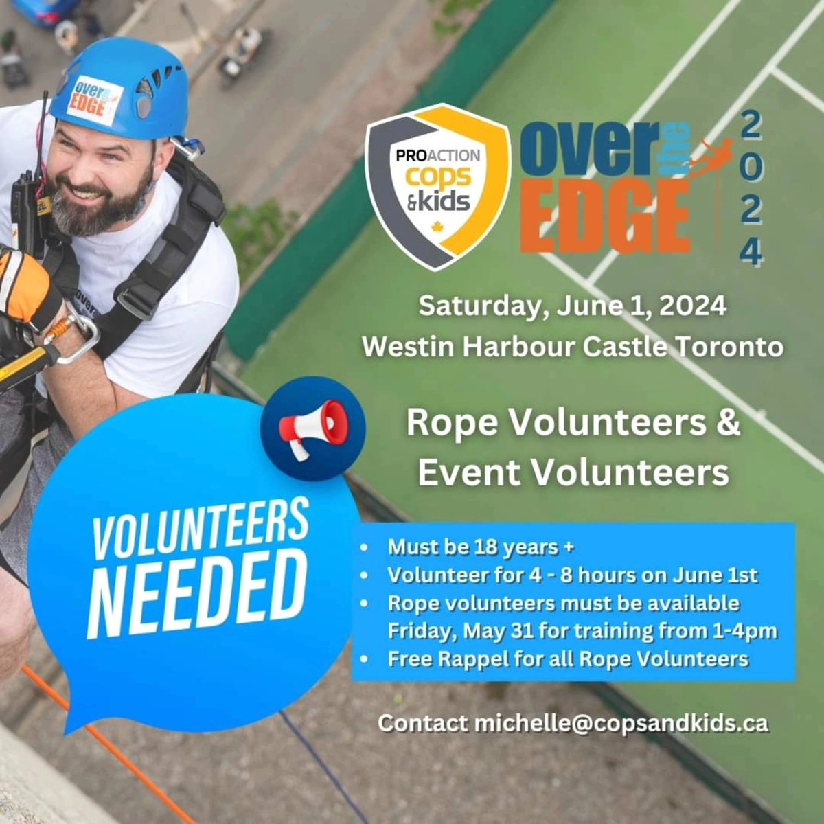 📢  Friends, we are less than a week away from ProAction 'Over The Edge'  and are still looking for Rope Volunteers and Event Volunteers! Please share this post. Thank you! 

#ProActionKids #copsandkids #volunteersneeded #torontolife  #volunteersbringchange