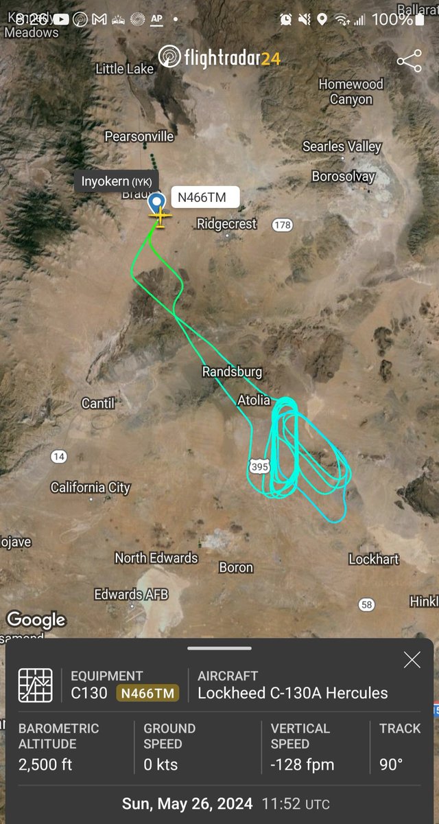 Private C-130A N466TM #A5B19A took off from KIYK, did some racetracks north of Edwards AFB before returning. Aircraft had arrived KIYK 24 May.

Aircraft is owned by TBM Inc. 
@norb420 @SR_Planespotter @JANN_IIS