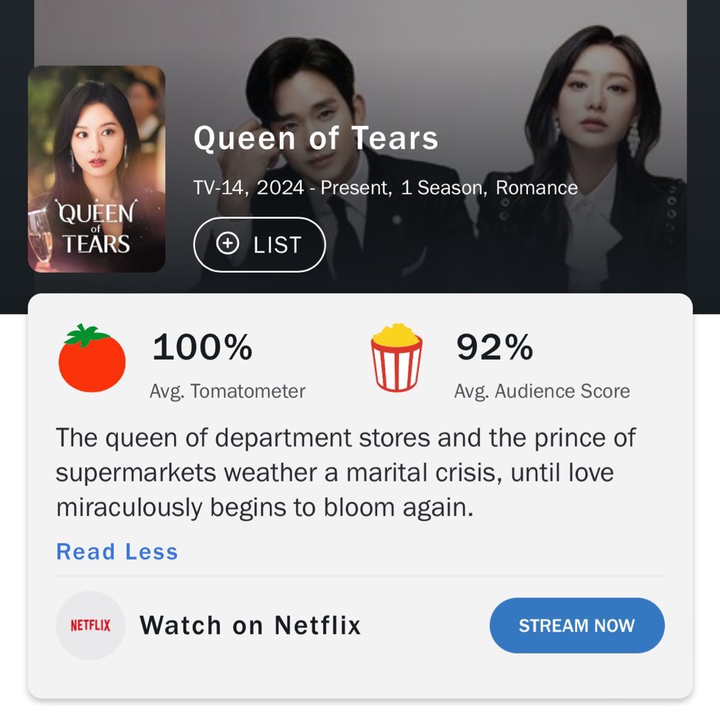 🗳️ #QueenOfTears scores 100% on Rotten Tomatoes’ Tomatometer with a 92% Audience Score, being Certified Fresh. Source: rottentomatoes.com/tv/queen_of_te…