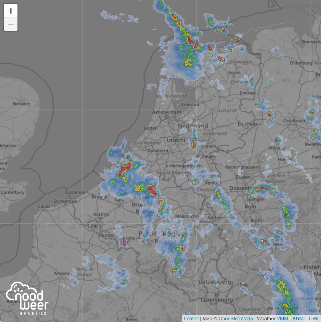 Goedemiddag! Er trekt een aantal #buien van ZW naar NO over de #Benelux. De buien kunnen lokaal stevig zijn, met veel #regen in korte tijd, #onweer en #hagel. Ook is er kans op #windstoten tot zo'n 60-70 km/u. Komende uren verplaatsen deze buien zich naar het noorden over