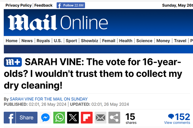Old enough to do something that one can lose one's UK citizenship over, old enough to join the army, old enough to vote in Tory Party elections, but too young to be trusted to collect Sarah Vine's dry cleaning.... 🤔