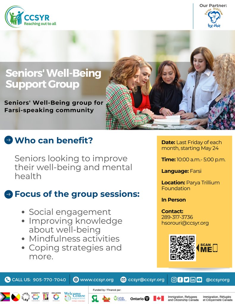 Starting May 24, our Counselling Services team will offer a monthly #supportgroup for Farsi-speaking seniors looking to improve their mental health, in partnership with the Parya Trillium Foundation. Contact us at hsorouri@ccsyr.org today for more information. #ccsy #yorkregion