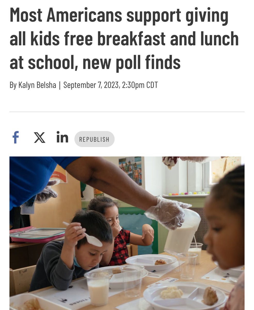 Reminder: “Most Americans think public schools should provide free breakfast and lunch to all students, regardless of their family income.” chalkbeat.org/2023/9/7/23863…