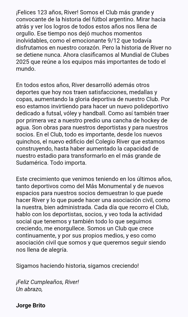 La carta de @JorgeBrito por el aniversario de River Plate. Opinen.