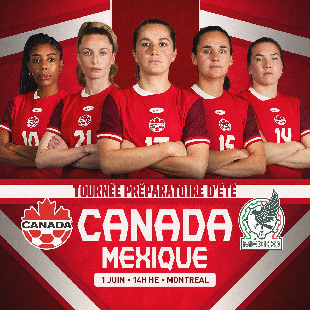 1er juin - 14h00 📅 @CANWNT v Mexique au Stade Saputo 📍 Don't miss 🇨🇦 v 🇲🇽 in Montreal on Saturday, June 1! Achetez vos billets >>> shorturl.at/M1ACw #CFMTL