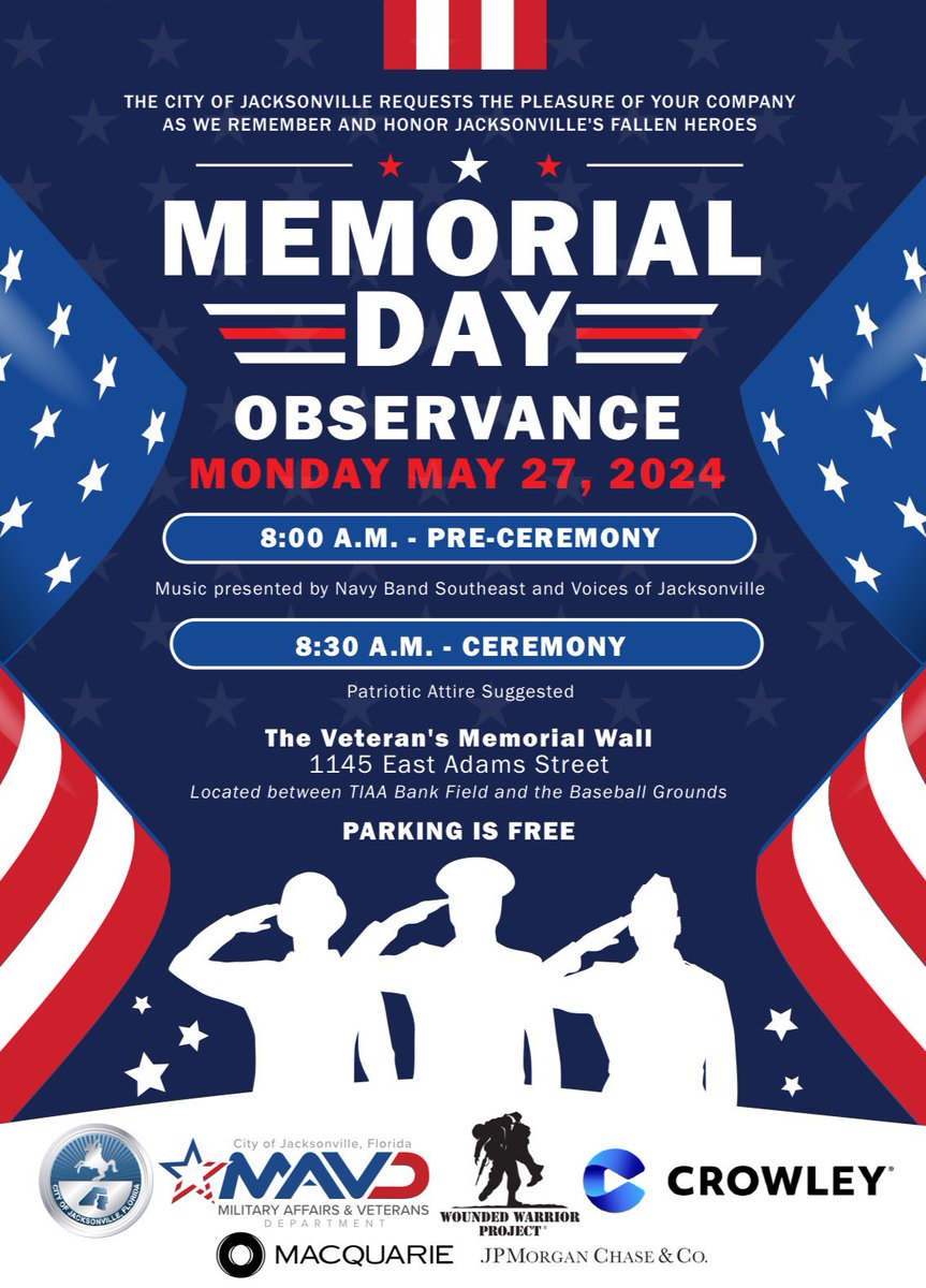 Tomorrow, we honor our fallen heroes during the annual Memorial Day Observance at the Veterans Memorial Wall. The City and our Military Affairs & Veterans Department are proud to host the largest Memorial Day ceremony in the Southeast and would be grateful for you to join us.