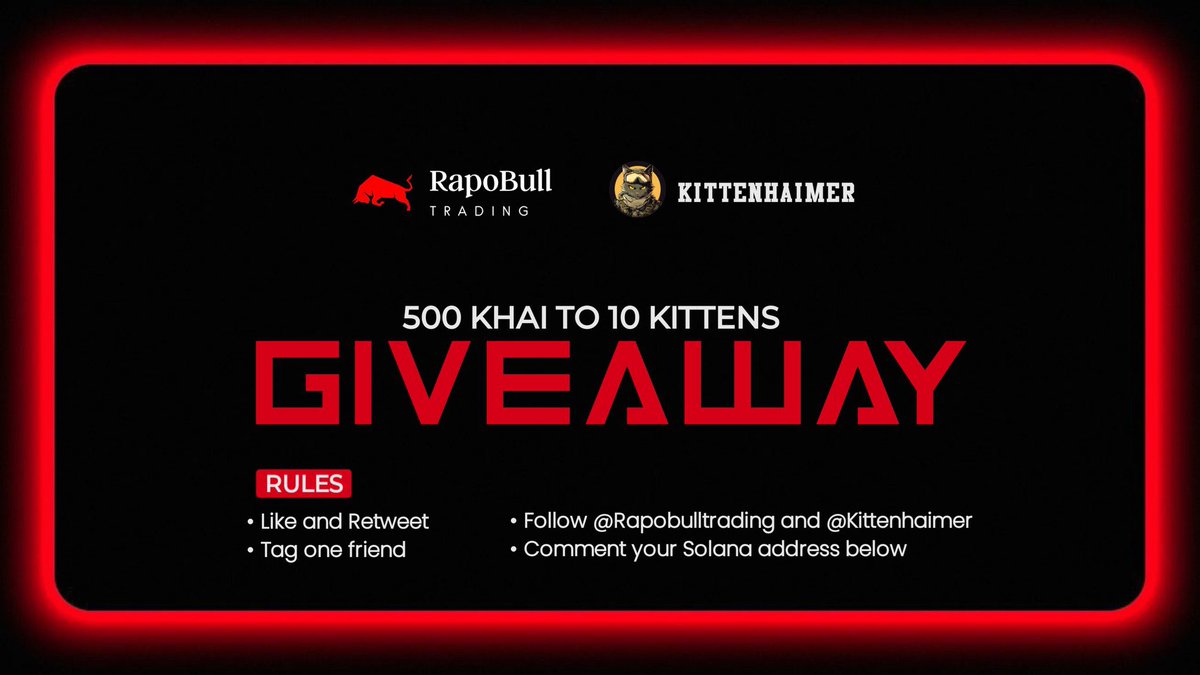 #giveaway 

📣 500 $khai to 10 kittens🐈‍⬛🪖

Rules: FOLLOW @RapoBullTrading & @KittenHaimer 

Tag 1 Friend 

Comment your Solana address below 👇🏼 

End:  Sunday 2nd of June 2024 at the 22:00pm BST

Good luck kittens 🐈‍⬛
