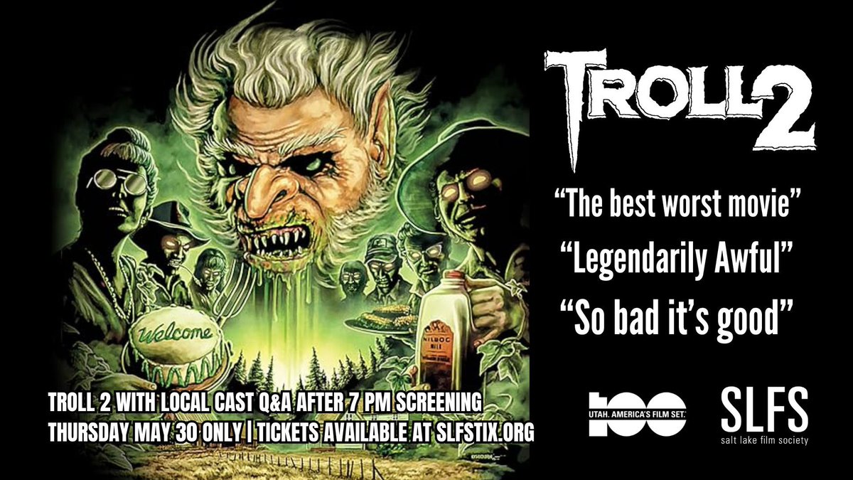 Catch TROLL 2 on the big screen at saltlakefilmsoc  on Thursday, May 30. Is it the best worst movie?!?! You decide 🧌 Get tickets at slfstix.org/broadway/now-p… #FilmUtah