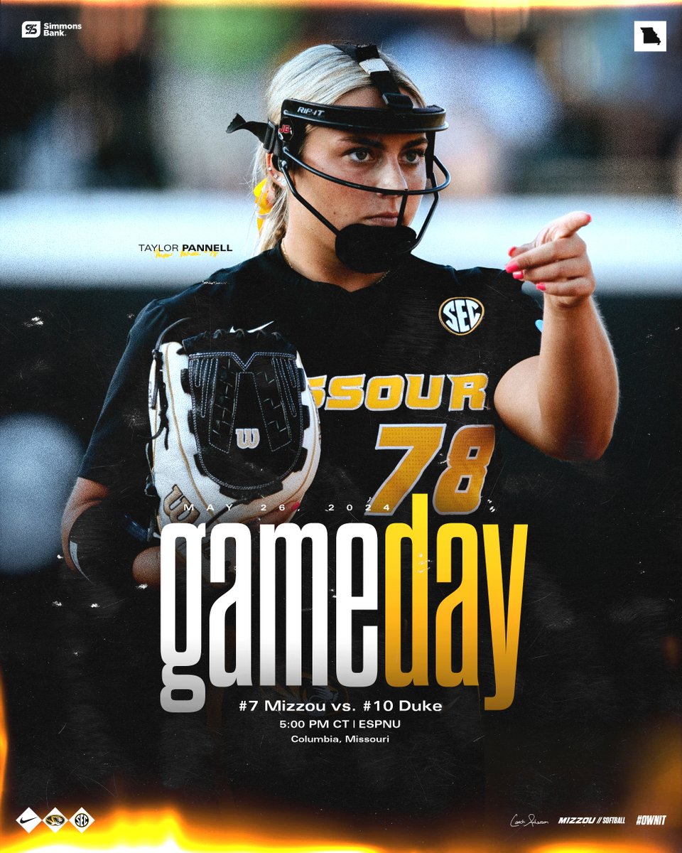 It's a GOLD SUNDAY for our Super Regional finale!!! 

🆚 #10 Duke
🕔 5 p.m., CT
🏟️ Mizzou Softball Stadium
📍 Columbia, Mo. 

🔗 linktr.ee/MizzouSoftball
📰 bit.ly/3ysgo6e

#OwnIt #MIZ 🐯🥎 | #RoadToWCWS
