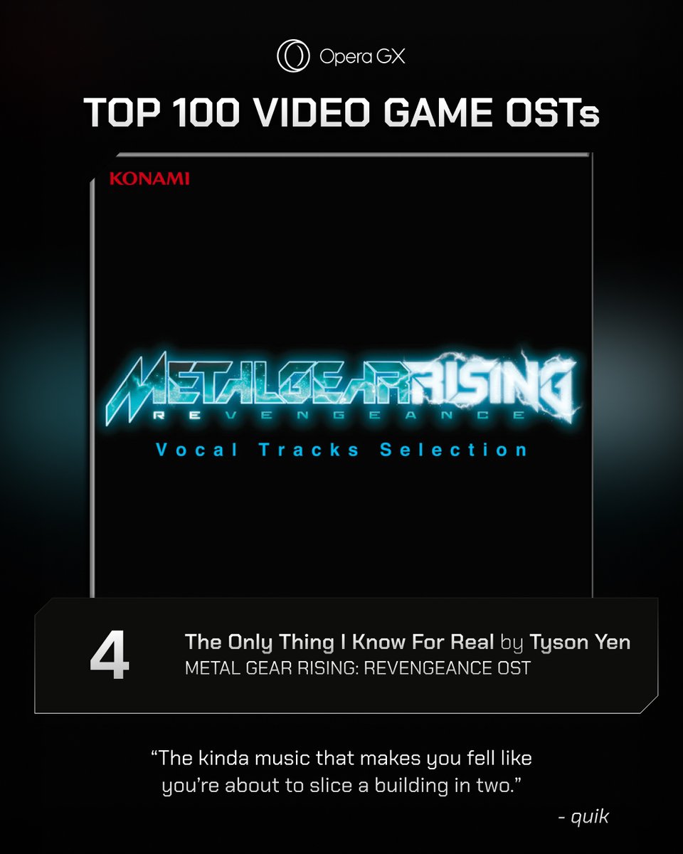 4. METAL GEAR RISING: REVENGEANCE Top Track: The Only Thing I Know For Real - Tyson Yen #Top100GameOSTs
