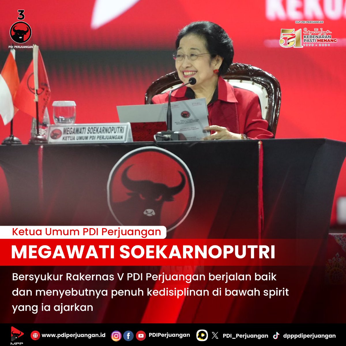 Tutup Rakernas V, Ketua Umum PDI Perjuangan Megawati Soekarnoputri: Turun ke akar rumput, dengarkan suara wong cilik.

Ketua Umum PDI Perjuangan, Megawati Soekarnoputri bersyukur Rakernas V PDI Perjuangan berjalan baik dan menyebutnya penuh kedisiplinan di bawah spirit yang ia
