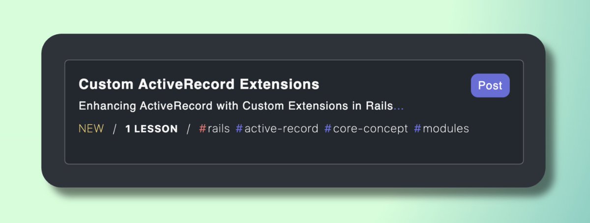 ✨ Custom ActiveRecord Extension ✨

In Rails, custom features are often needed beyond ActiveRecord.

Custom extensions allow you to extend models with reusable methods.

Learn to create custom extensions elegantly in our new course!

🔗 rubycademy.com

#rubyonrails