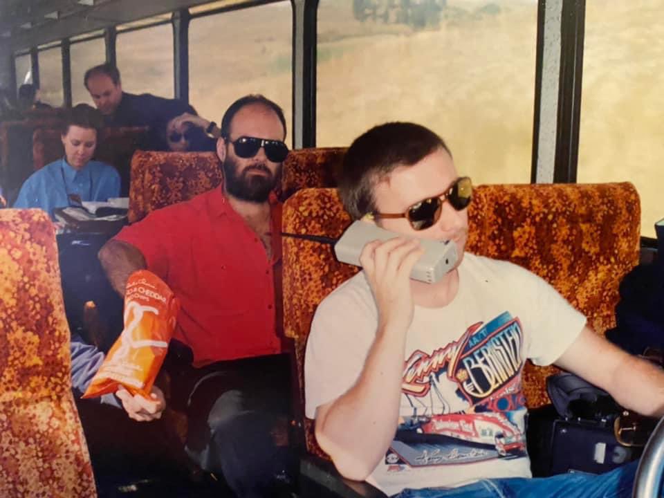 Photo flashback. From the federal election campaign bus of 1993. Television cameramen carried the phones in their kit bags because they were heavy and considered to be equipment. #cdnpoli