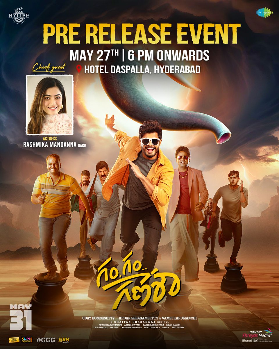 #GamGamGanesha is all set for its grand Pre launch event on 27th May which is to be graced by National Crush @iamRashmika as the chief guest 😍 Watch trailer here youtu.be/wBZ7EUIM7fY?si… #GGG @ananddeverkonda @UrsNayan @officialpragati @udaybommisetty @hylifeE