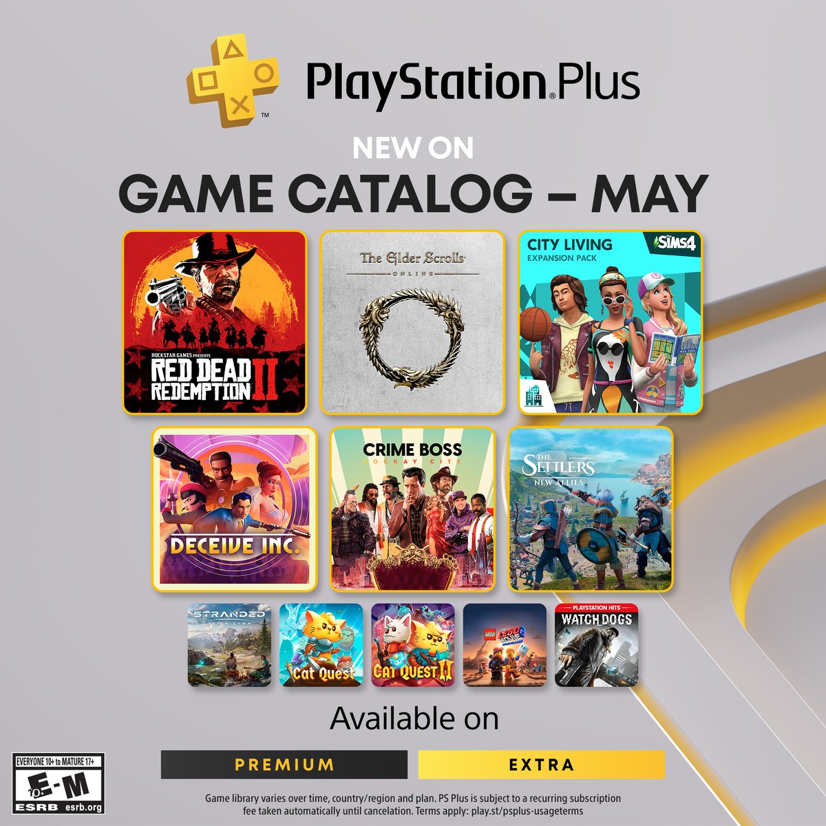 PlayStation Plus Game Catalog for May is available now, featuring Red Dead Redemption 2, The Elder Scrolls Online, Watch Dogs, and more.