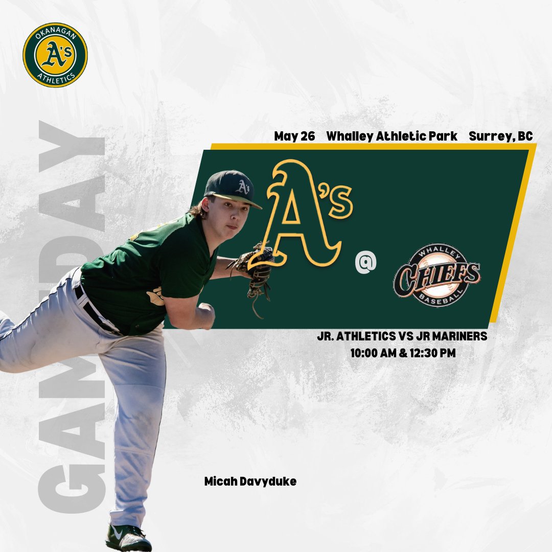 Okanagan_As's tweet photo. ❗️A's GameDay ❗️
Junior Athletics
🚩 McLeod Athletic Park, Langley BC
⏰️ 11:00 am & 1:30pm
🆚️ @Whalley_Chiefs
Okanagan JR Athletics on gamechanger
https://t.co/DXmINKug42
#okanagan #okanaganathleticspbl #athletics #okanagana #baseballbc #baseballcanada https://t.co/wrG9JtByll