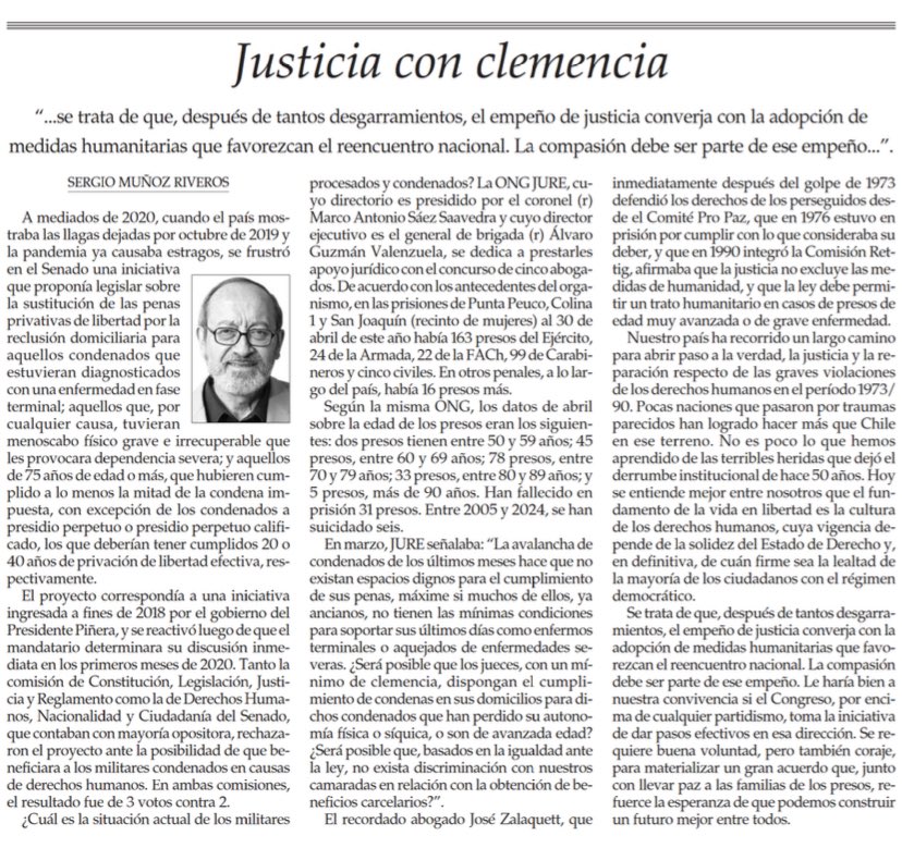 Hace unos días Sergio Muñoz publicó esta columna en el Mercurio. Quien alguna vez fuera militante comunista hoy pide un trato humanitario para más de 100 ancianos, enfermos, postrados y algunos cuya memoria ya se fue, que aún están encarcelados sin respeto a sus DDHH.