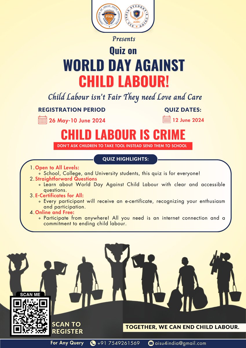 Join AISU's World Day Against Child Labour Quiz Contest on June 12, 2024! 📚

💡 Enhance your knowledge for FREE!
🏆 E-Certificate for all participants!

Register now: bit.ly/AISUquiz

Spread the word and let's end child labour together! #EndChildLabour