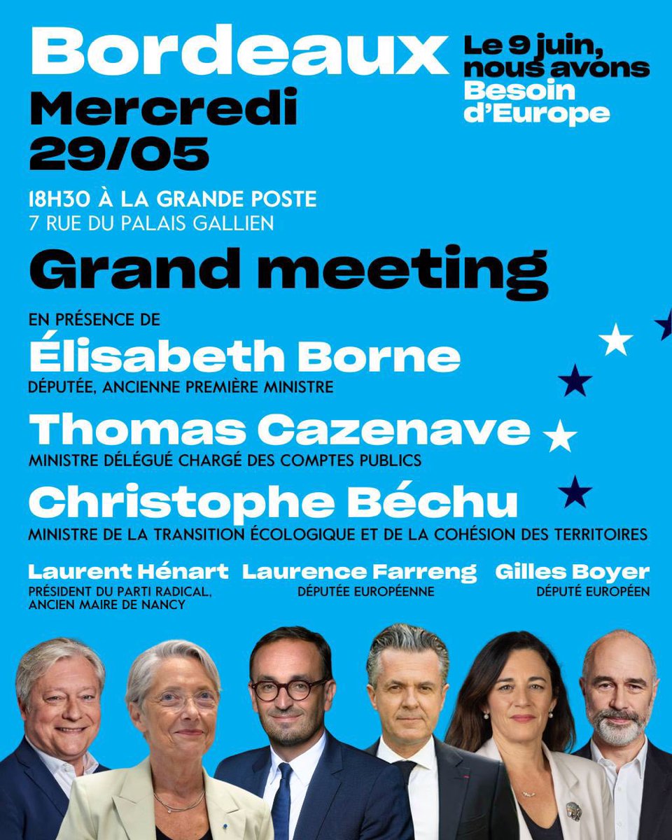 On se retrouve mercredi à Bordeaux, pour le meeting #BesoindEurope ! Je serai avec @Elisabeth_Borne, @T_Cazenave, @GillesBoyer, @laurencefarreng et @LaurentHenart pour soutenir notre projet et notre candidate @ValerieHayer ! 🇪🇺🇫🇷 Inscrivez-vous ici ➡️ form.typeform.com/to/lazPCCaX