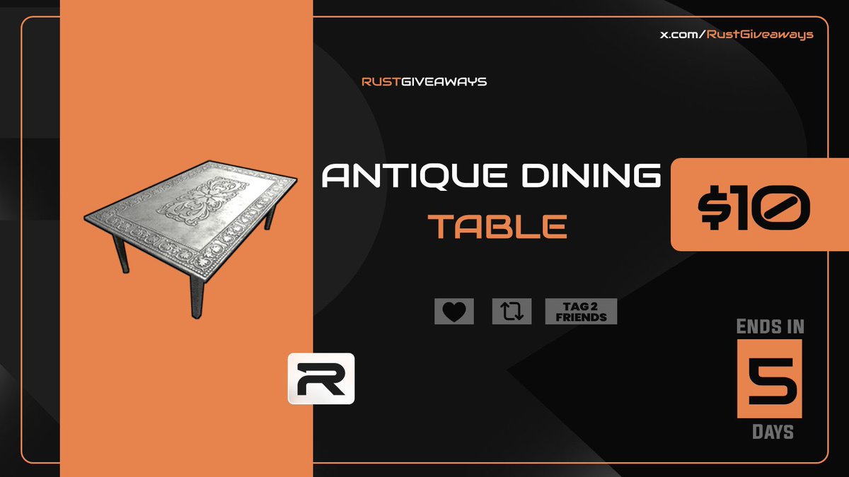 🎁 ANTIQUE DINING TABLE ($10)

👉 TO ENTER:

✅ Follow me & @RustGiveaways 
✅ Retweet + Like
✅ Tag 2 Friends

⏰ Giveaway ends in 5 days!

#CSGOGiveaway #CS2Giveaway #CS2