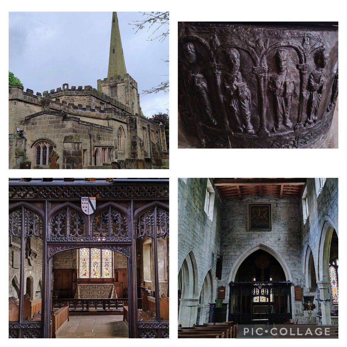NigelMcFarlane's tweet photo. A lovely walk to #Ashover with @SharonGoodwin17 this afternoon, with a nosey around the splendid All Saints church. Built between 1350 and 1419, it has a beautiful Norman lead font from around 1150 and an early 16th century chancel screen. #Derbyshire #ChurchCrawling https://t.co/dVY811Luqg