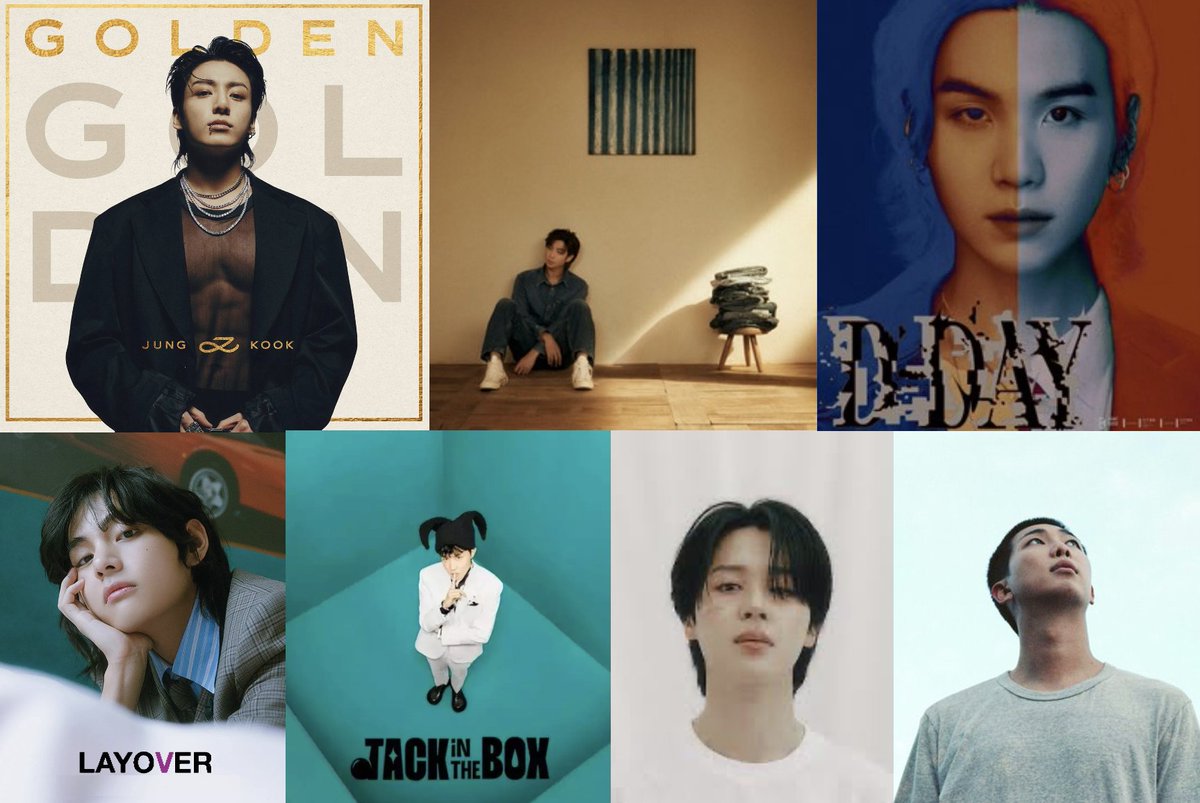 BIGGEST ALBUM DEBUTS BY K-POP SOLOISTS IN SPOTIFY HISTORY 💿🇰🇷:
1⃣ GOLDEN - #Jungkook - 42.7M 
2⃣ Indigo #RM - 21.6M
3⃣ D-DAY - #AgustD - 21.4M
4⃣ Layover - #V - 20.8M
5⃣ Jack In The Box - #jhope - 19.7M
6⃣ FACE - #jimin - 19.6M
7⃣ Right Place, Wrong Person - #RM - 14.8M