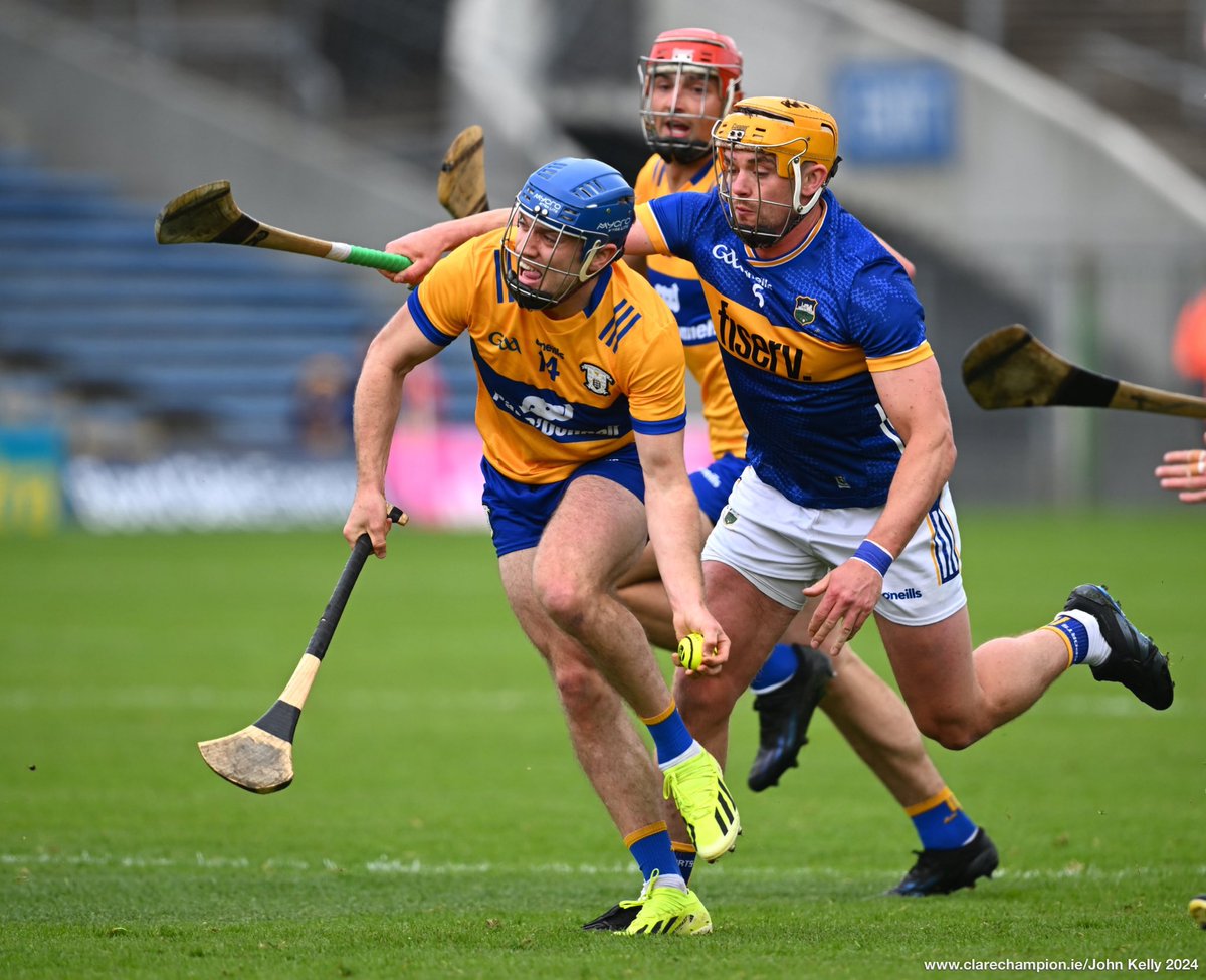 Shane O Donnell of Clare in action against Ronan Maher of Tipperary during their Munster Senior Hurling Championship game at Thurles. Photograph by John Kelly . The score after the first quarter is @GaaClare 0-04 , @TipperaryGAA 0-07 @MunsterGAA #GAA